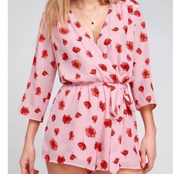 Lulus Pants - Lulus Delvy Blush Pink Floral Print Surplice Romper